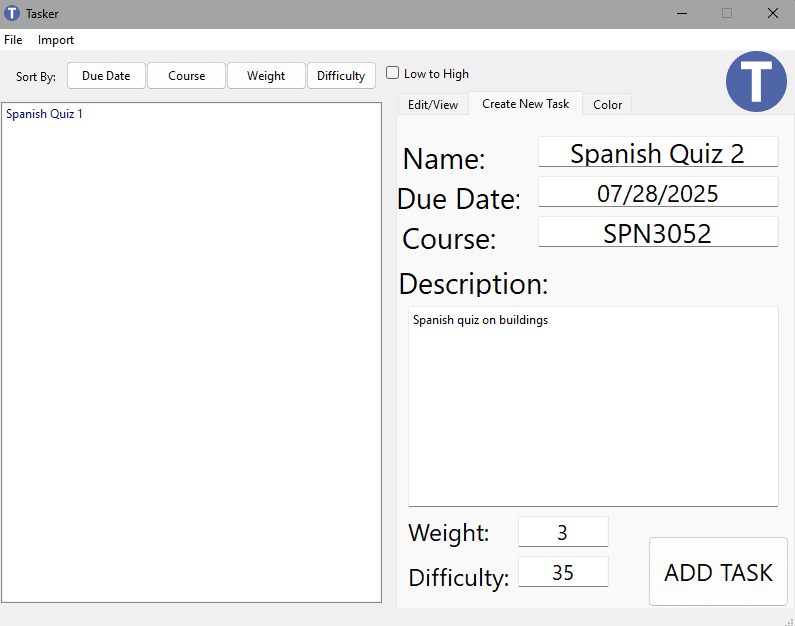 Tasker main window screenshot